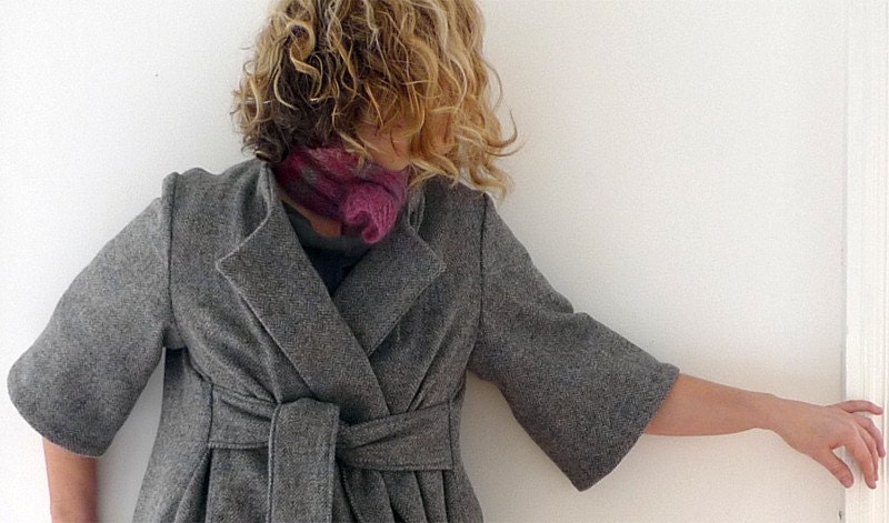 grey/blue check wool wrap coat