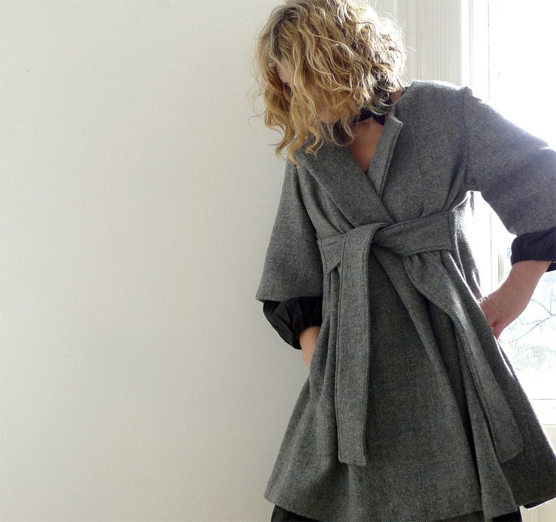 grey/blue check wool wrap coat