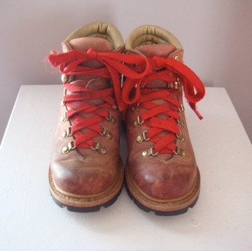 Vintage Leather Alpine Hiking Boots Red Laces by MarcellasExcess