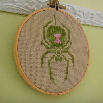 Preppy Pink and Green Black Widow Spider Cross Stitch Embroidery in Vintage Wooden Hoop