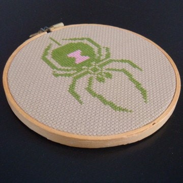 Preppy Pink and Green Black Widow Spider Cross Stitch Embroidery in Vintage Wooden Hoop