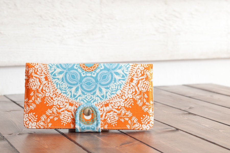 Handmade  Wallet - BiFold Wallet - Vegan Wallet / Aqua Lace in Tangerine -- PREORDER