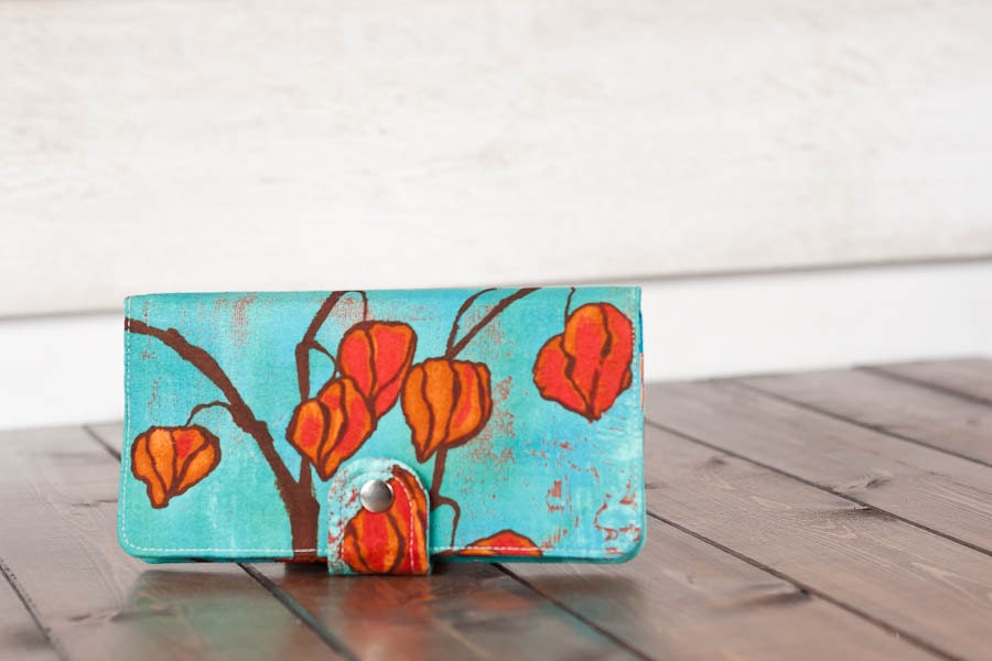 Handmade Wallet - BiFold Wallet Clutch - Vegan Wallet / Lantern Pods in Turquoise - PREORDER
