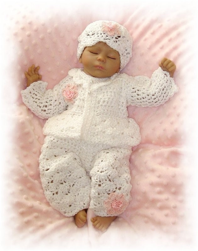 Creme Brulee -3 Piece Pink or White Rosebud Layette - Four Infant Sizes including Preemie and Newborn- With long pant for Chilly Nights