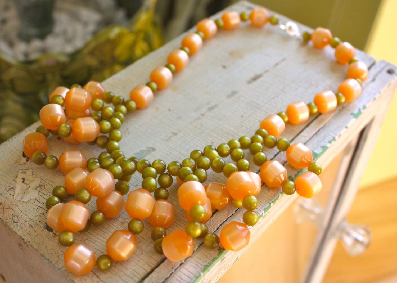 Peach Cobbler Fringe Necklace - lucite beaded bib - statement necklace