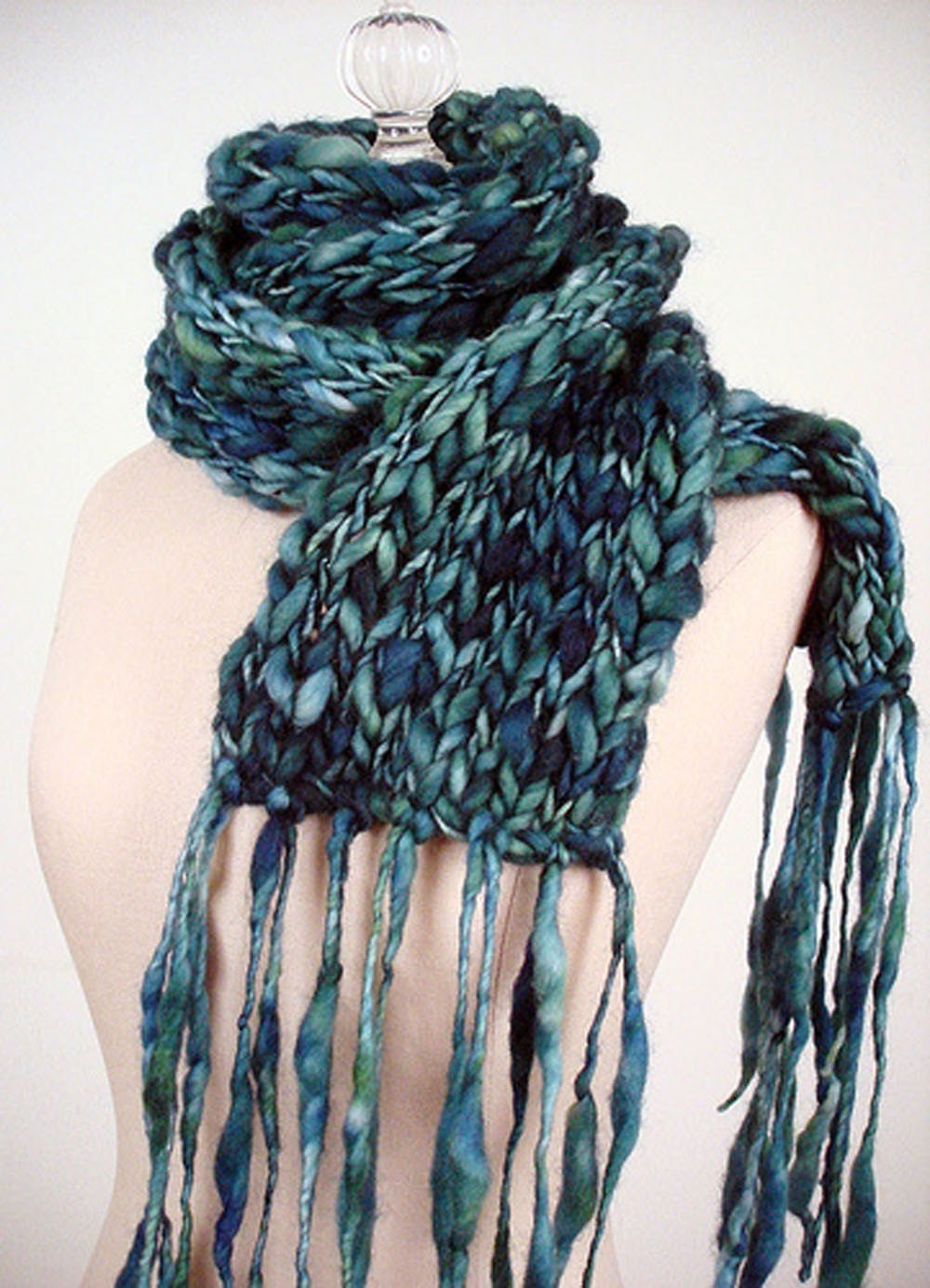 Scarf / Teal Peacock Ocean Blue / Oceanus Hand Knit Wool Super Long