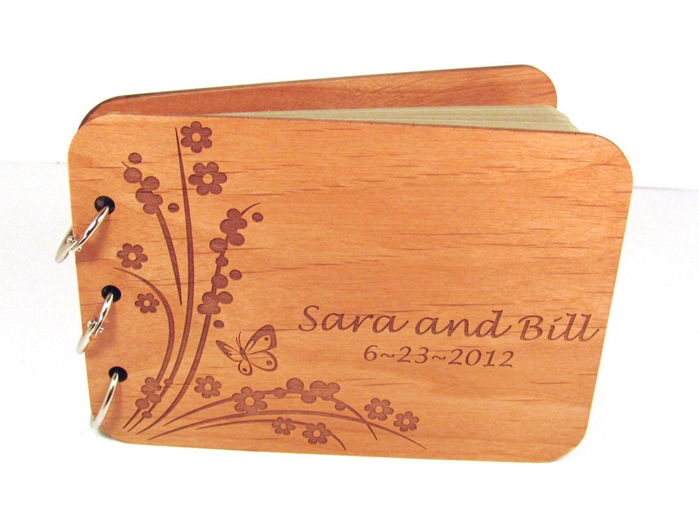 Engraved Butterfly and Flower Wood Guest Book and/or Photo Album
