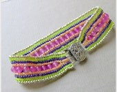 Beaded Friendship Bracelet, Green, Purple, Peach, Pink,  Seed Bead Cuff Bracelet