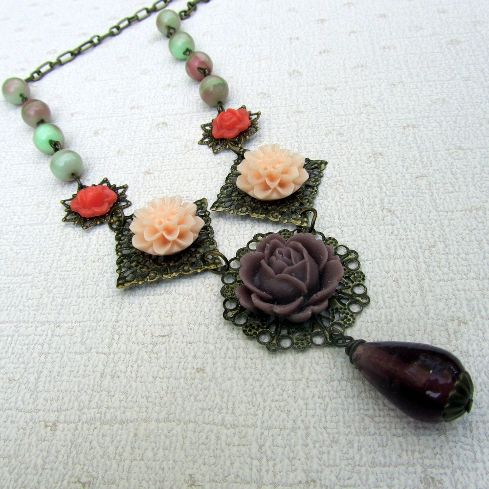 Flower Bib Necklace, Victorian  Jewelry, Peach, Coral Brown, Earth tones