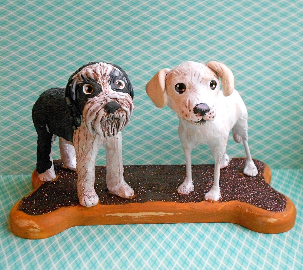 Two Customized Dogs-clay folk art sculpture on Wooden Base