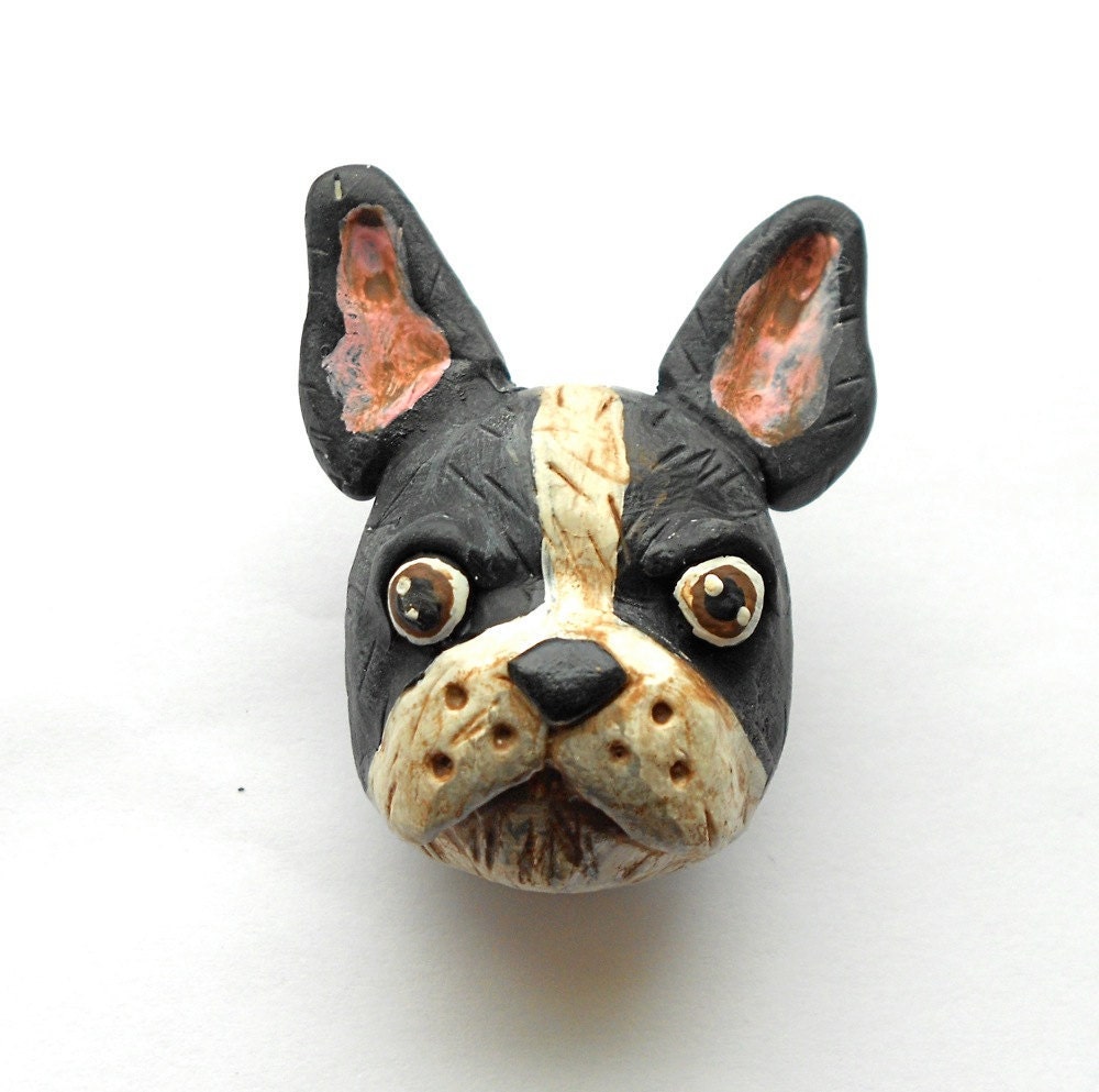 Boston Terrier Dog Brooch Unique Folk Art Jewelry made from Polymer Clay