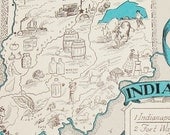 Indiana Map - Vintage Map of Indiana - A Fun and Funky Little Vintage Picture Map to Frame