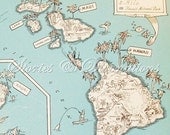Hawaii - Vintage Maps - 1930s State Picture Maps - Hawaii - A Fun and Funky Little Vintage Map to Frame