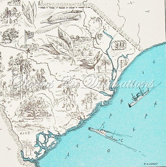 RESERVED - 1930s  - South Carolina - A Fun and Funky Little Vintage Picture Map to Frame