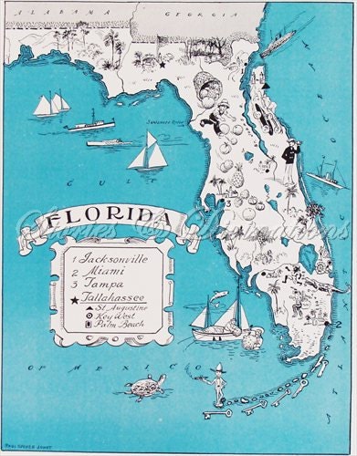 Fun Florida Map - Vintage Map of Florida - Aqua - Cottage Chic - A Fun and Funky Little 1930s Florida Map to Frame