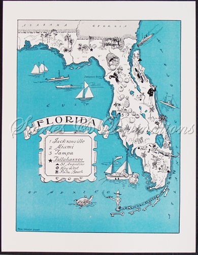 Fun Florida Map - Vintage Map of Florida - Aqua - Cottage Chic - A Fun and Funky Little 1930s Florida Map to Frame