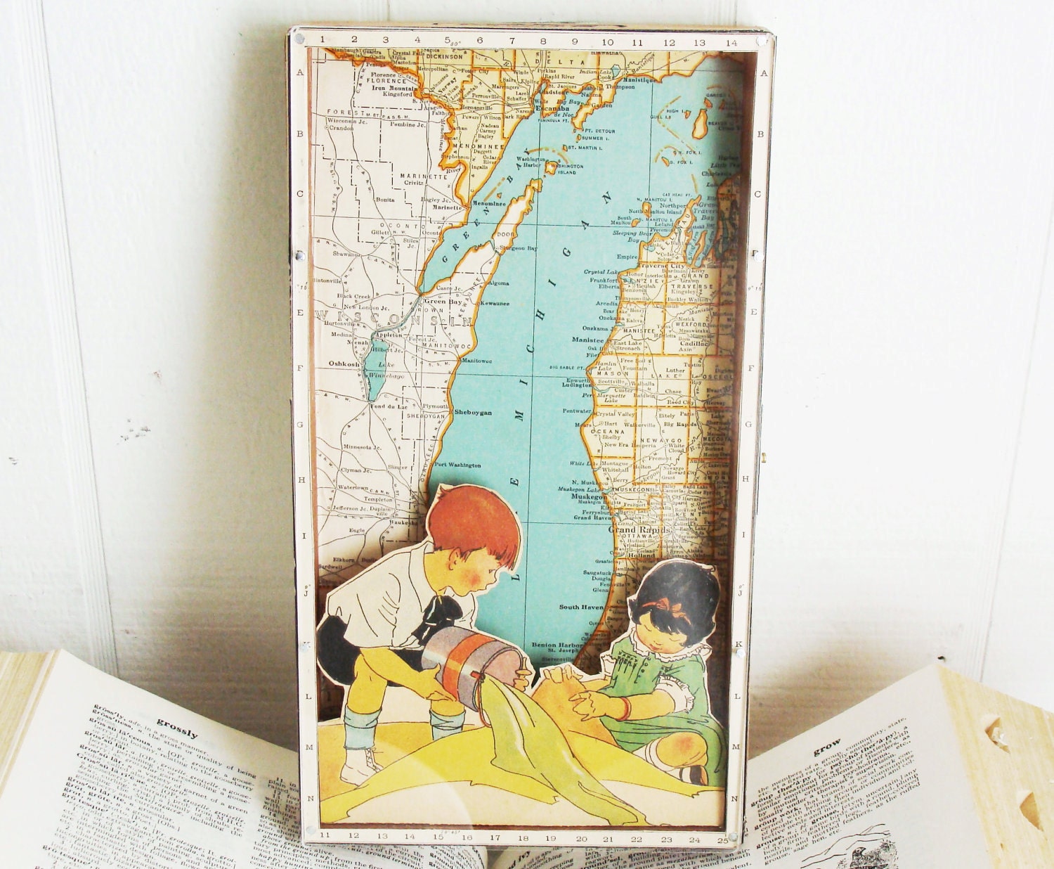Beach Decor - Michigan Map - Vintage Collage Shadowbox - Lake Michigan Beaches - Cottage Chic - Lake Michigan - Yay for Summer