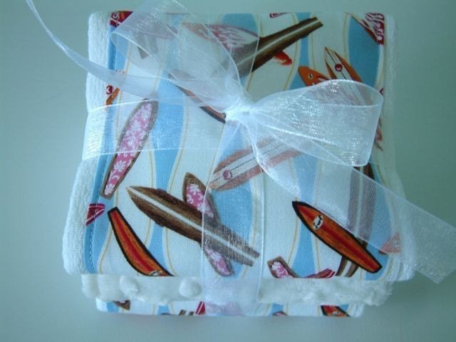 SURF THE WAVE and White Minky Dots Burp Cloth Bundle of Three