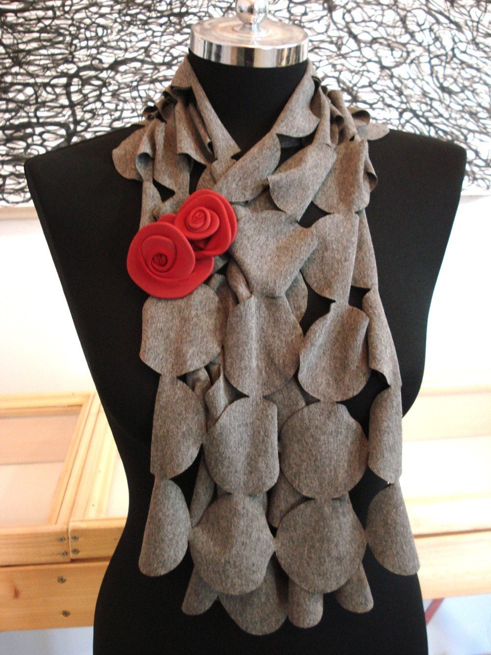 Short Gray Scarf and Red Brooch