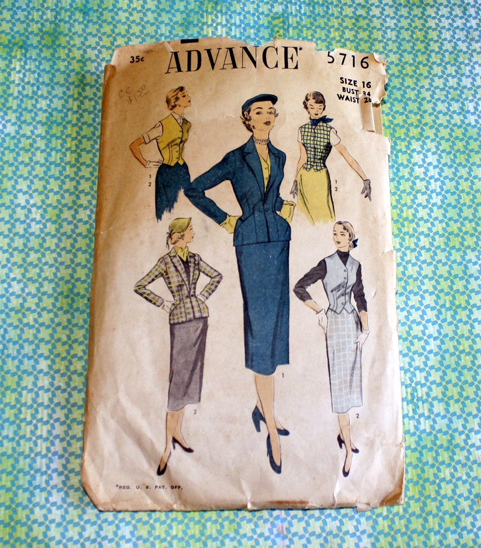1940's Advance Sewing Pattern, Jacket, Vest & Skirt - Size 16