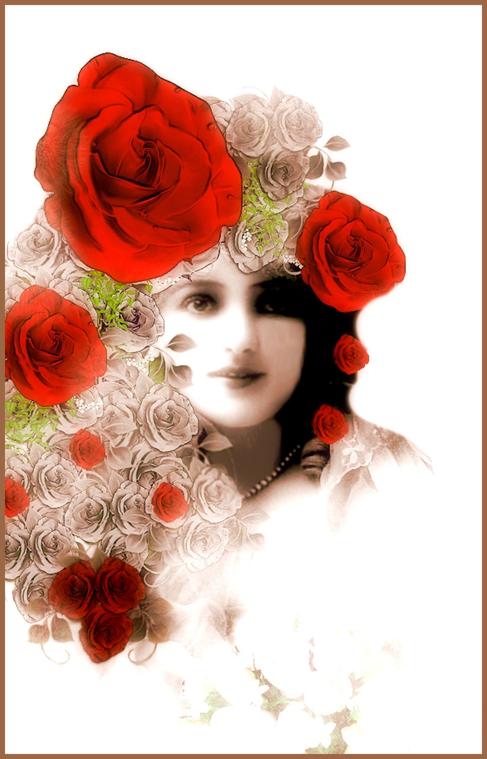 8X10 Print Wall Decor  Mixed Media Altered Painted Photo Collage Girl Roses in her hair