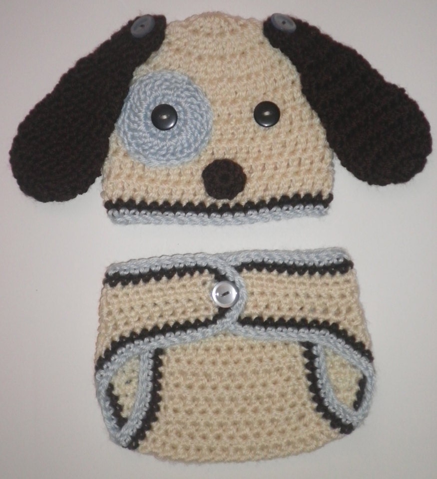 Custom newborn 0 to 3 months photo prop baby boy puppy dog crochet diaper cover and hat set