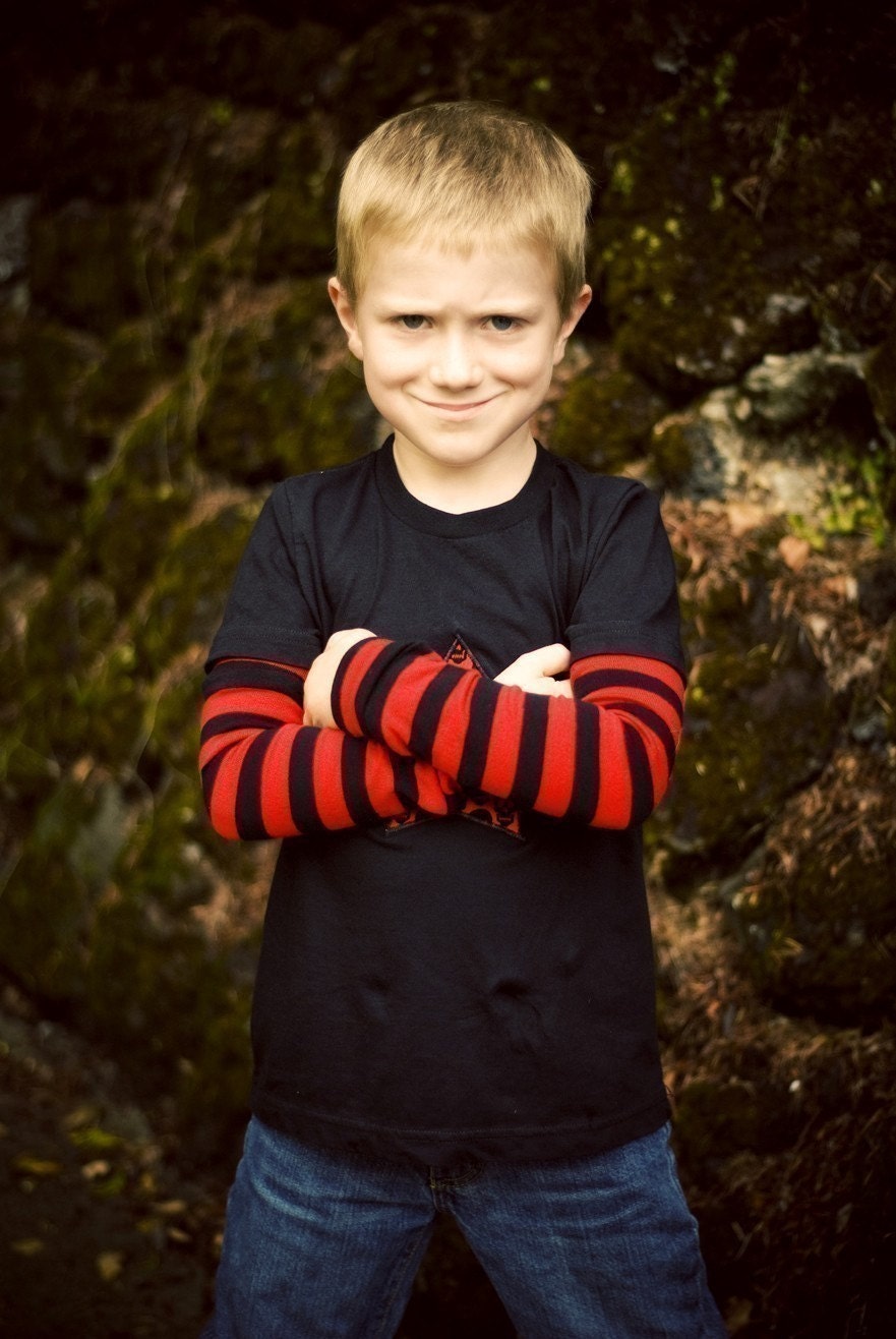 KOOL KID Arm / Leg Warmers for Baby, Toddler, Child, Tween Boy or Girl - Black and Red Stripes - Fun and Functional Fashion