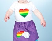 3 piece--i HEART rainbow clouds--appliqued shirt, skirt and warmer set--Available in sizes 6mos thru girls 9/10--skirt available in pink, red , blue or purple--shirt available in black OR white, short OR long sleeves