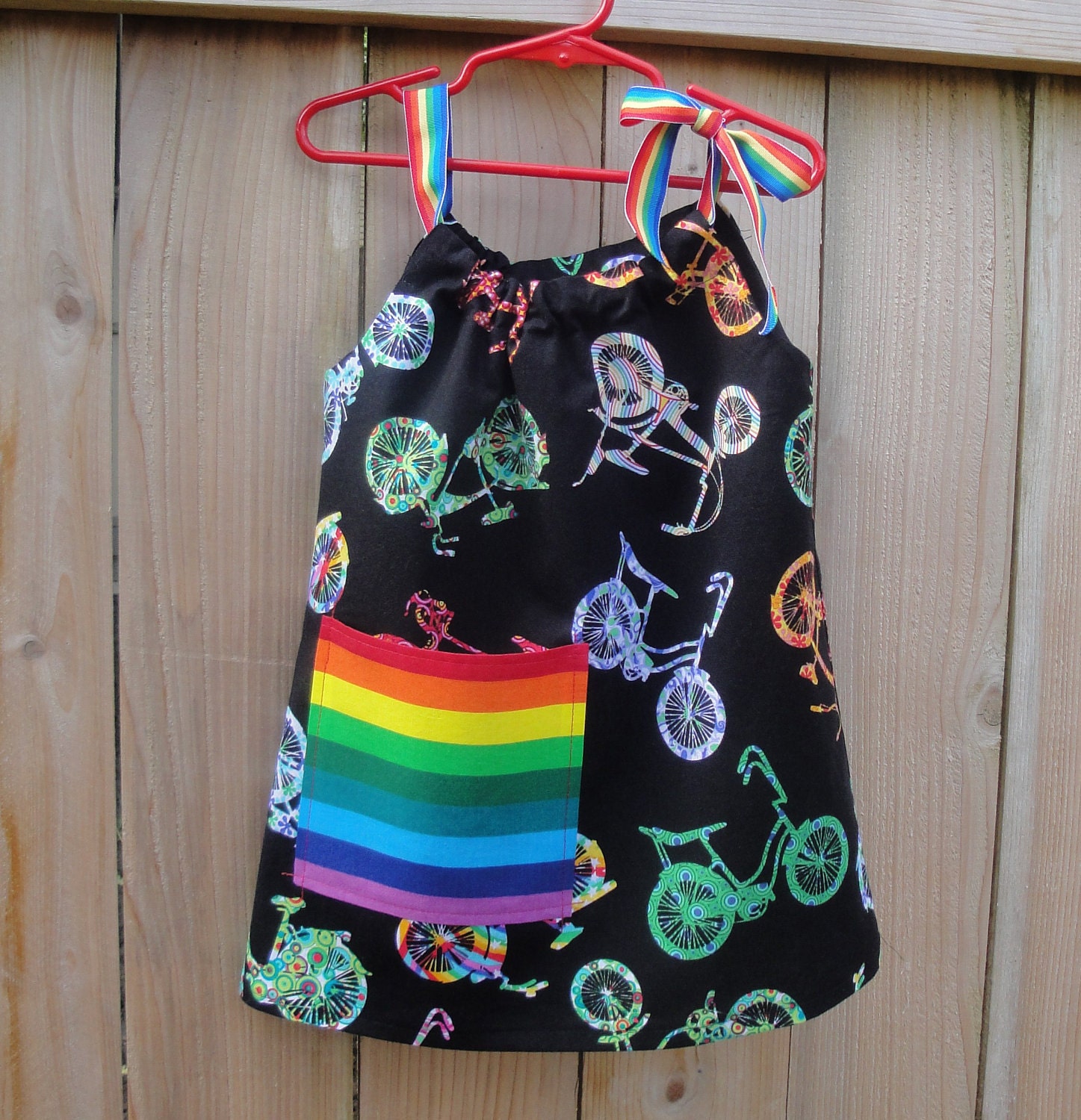 Pillow Case Dress with Treasure Pocket OR Applique - Baby, Toddler, Girls sizes available - 1/2, 2/3, 4/5, 6, 7/8, 9/10 - RAINBOW Bicycles