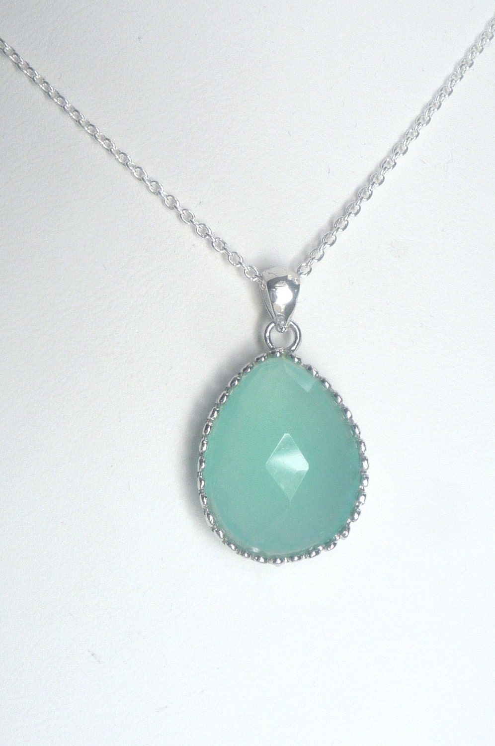 Blue chalcedony teardrop necklace, siterling silver