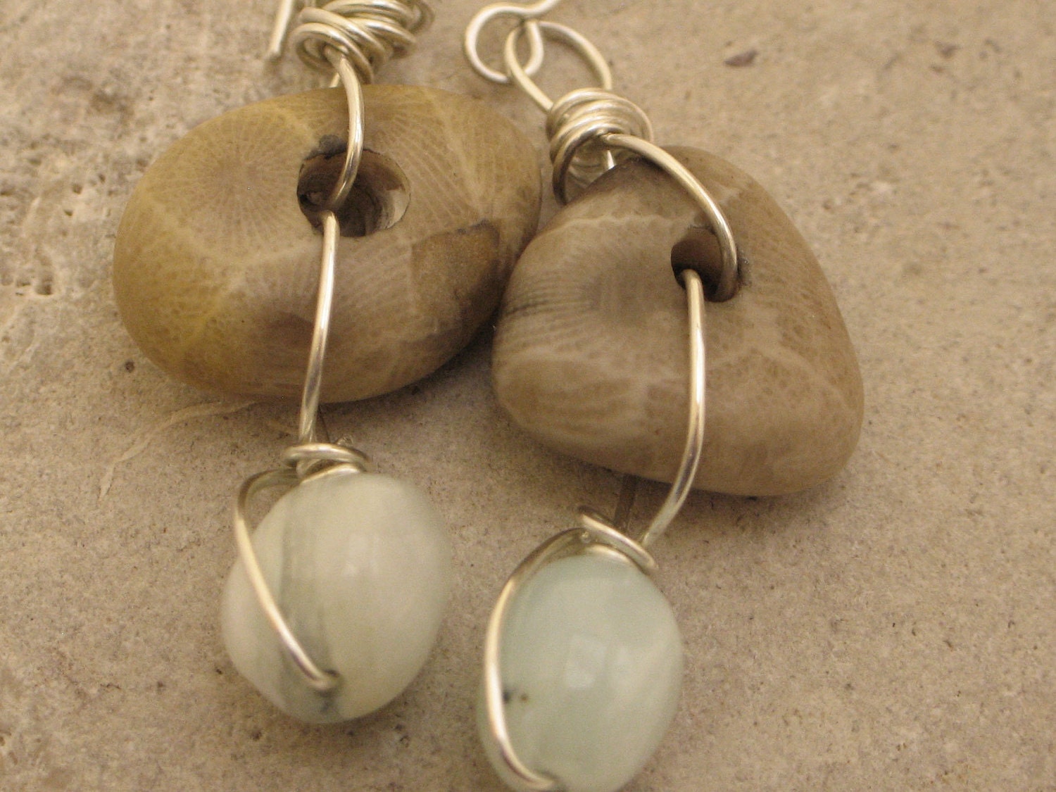 Petoskey Stone and Peruvian Blue Opal Sterling Silver Earrings
