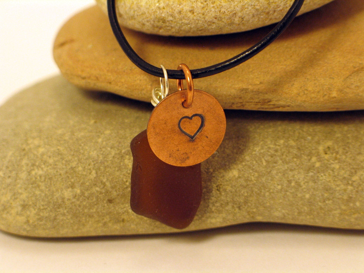 Copper Heart and Brown Great Lakes Beach Glass Mixed Metals Necklace