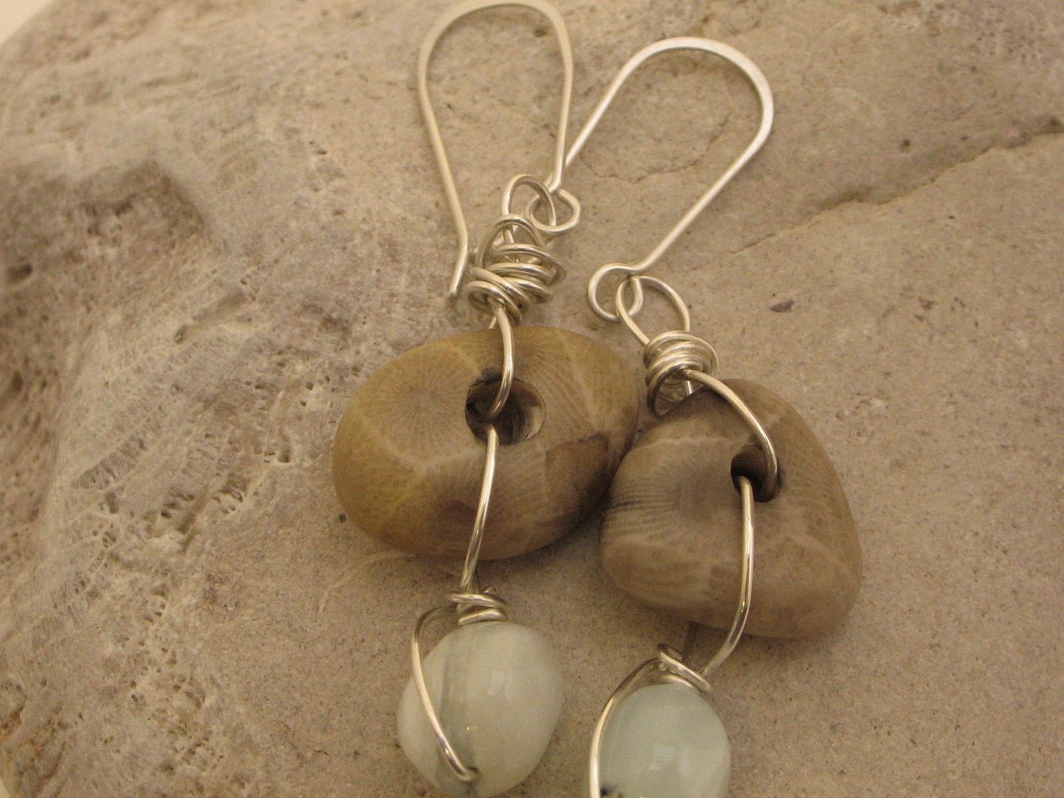 Petoskey Stone and Peruvian Blue Opal Sterling Silver Earrings