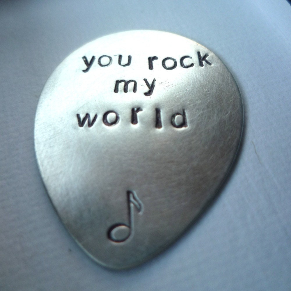 You rock my world custom personalized hand stamped sterling silver guitar pick plectrum music musical gift