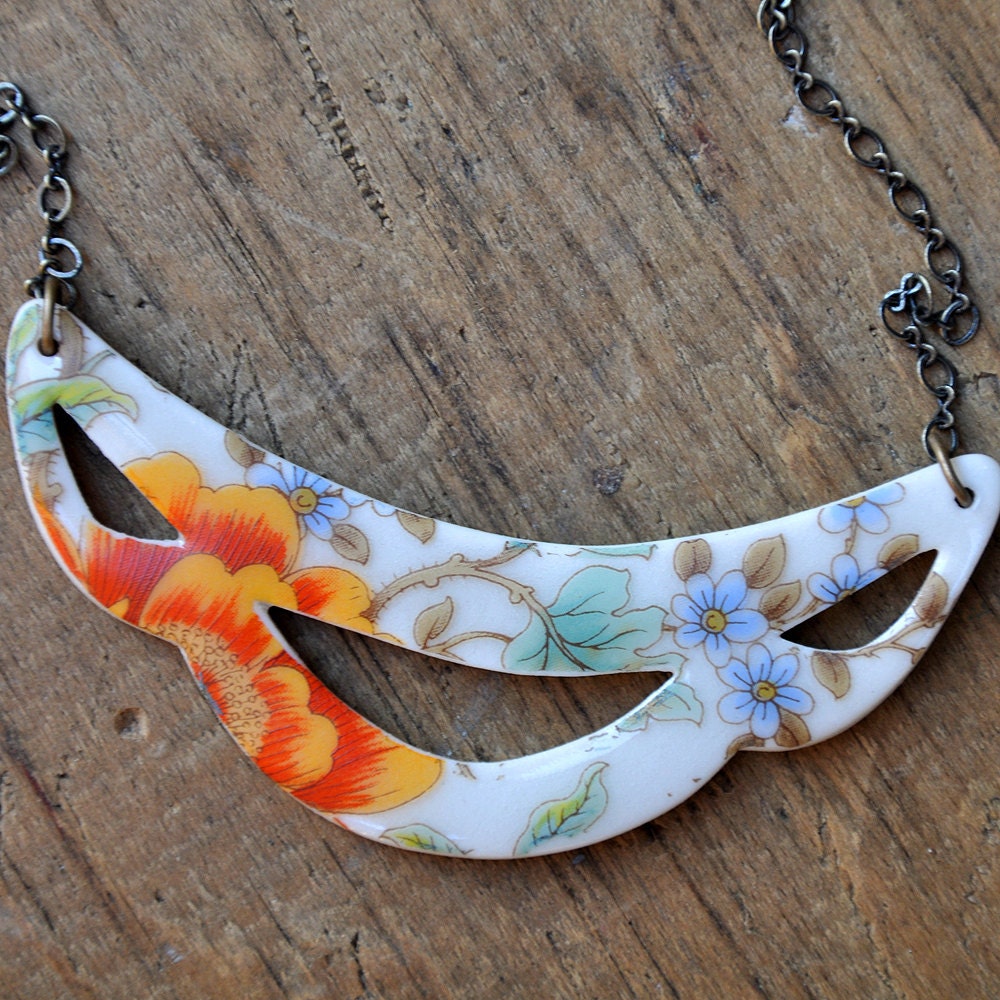 Porcelain Bib Necklace with Orange Poppies