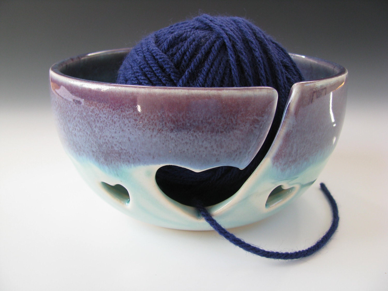 Ceramic Knitting Bowl / Yarn Bowl Hearts in Purple and Turquoise