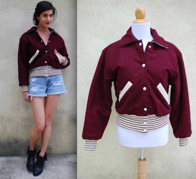 Vintage 60s 70s Maroon Burgundy and White Quilted Lining Varsity Letterman Jacket (size xs, small)