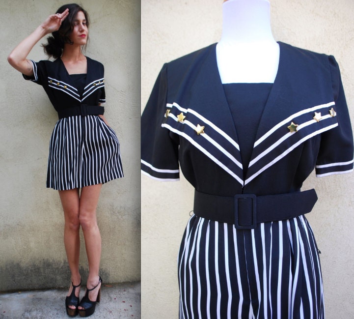 Vintage 80s Black and White Striped Sailor Romper with Brass Star Stud Collar (size extra small, small)