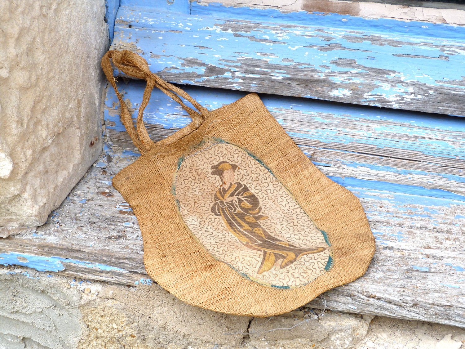 Antique 1900 Japanese pattern & raphia little bag purse tote for doll or child