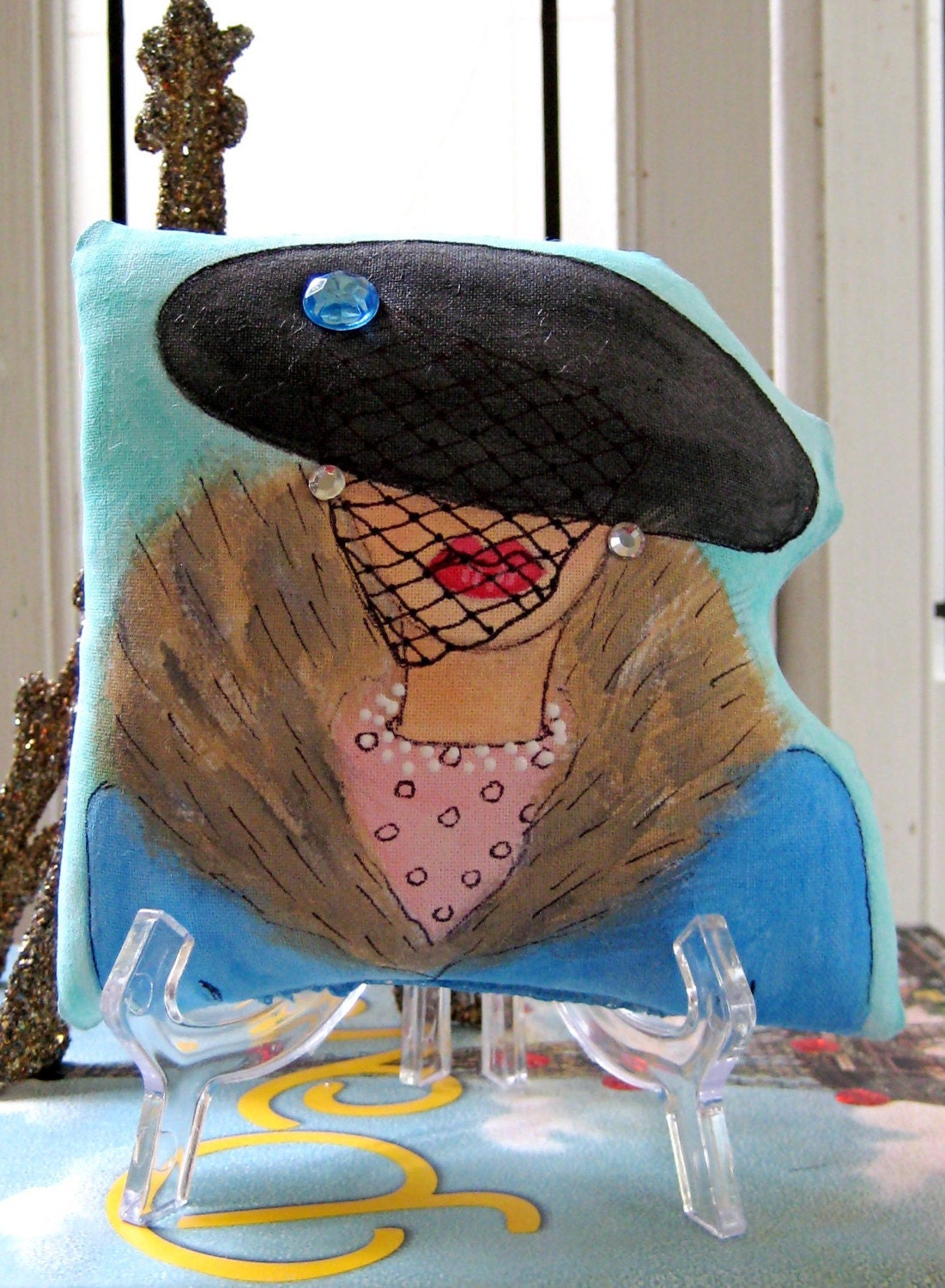 RESERVED For Danak85 FRENCH HAT Lady shaped hand painted pillow with stand and French quote.(Ooh La La)