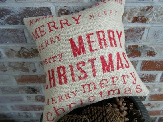 Merry Merry Merry Christmas Burlap Pillow
