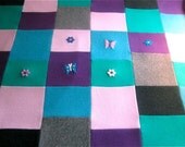Cashmere Throw Blanket - Large: 40 x 48 - Made to Order - Patchwork Quilt - flowers, butterflies appliques Pink Purple Aqua Toddler/adult