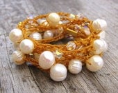 Saffron freshwater pearl crocheted triple wrap bracelet, bridal, wedding, pretty
