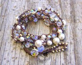 Pussywillow 4x wrap bracelet with pearls and crystals and pretty silver leaf charm/boho/beach/bohemian chic as seen on front page of etsy