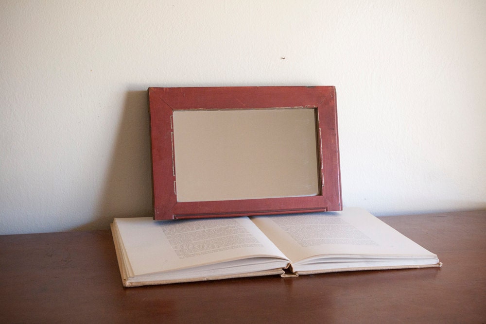 Small red mirror, salvaged wood frame, old wood frame, recycled