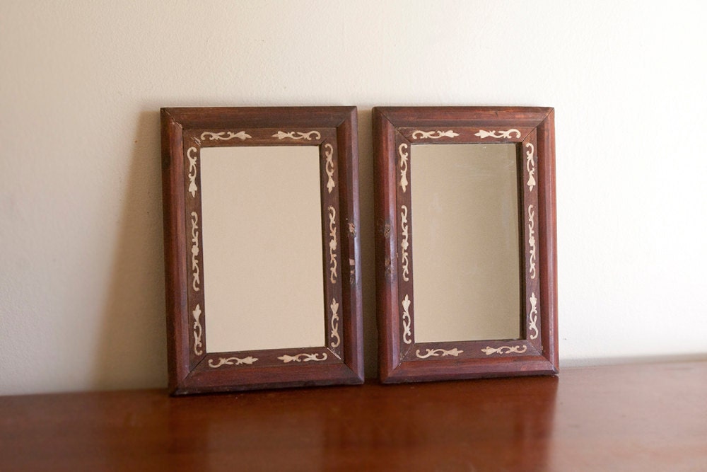 Pair of Antique Wood Wall Mirrors, Bone inlay, Set of mirrors