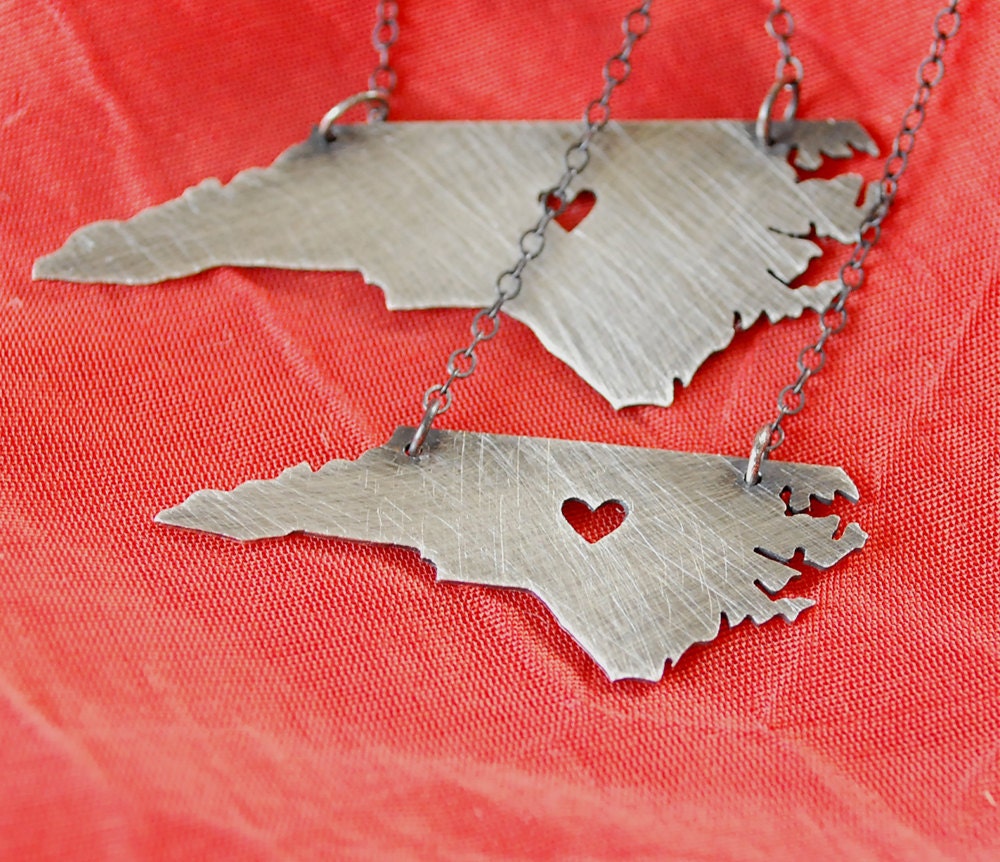 Petite Blackened Silver North Carolina Necklace with Heart