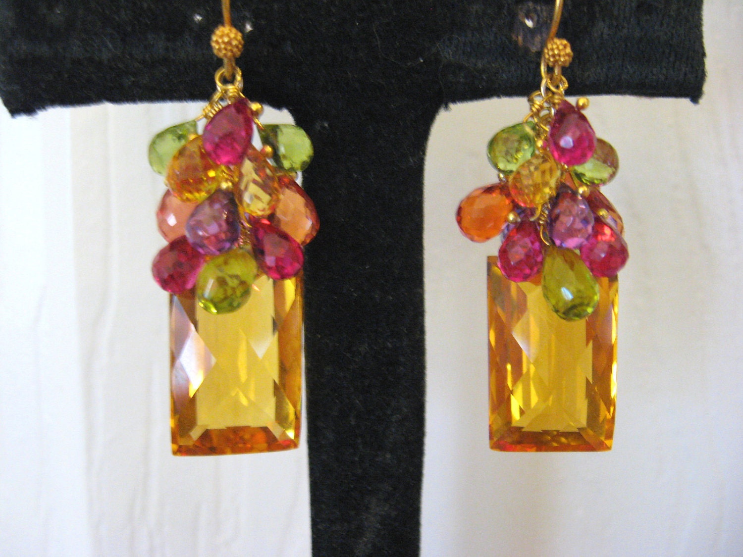 SALE...24K Gold Vermeil Earrings ... Luxe Golden Citrine With Multi Gemstones Orange Sapphire Lemon Citrine Peridot Fields Of Gold Earrings