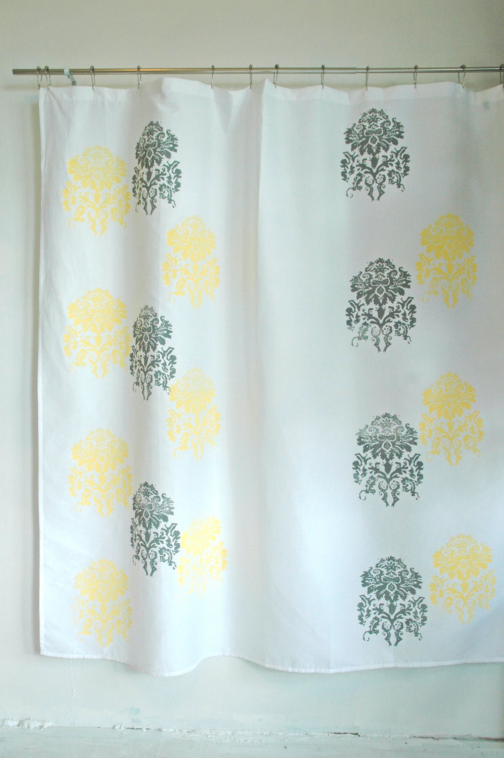 White Shower Curtain with Mantra Print in Yellow and Grey