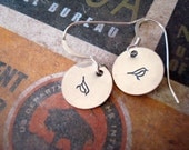 hand stamped handstamped birds on sterling silver discs earrings